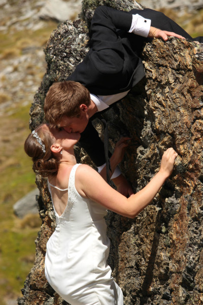 adventure wedding queenstown bouldering bride and groom