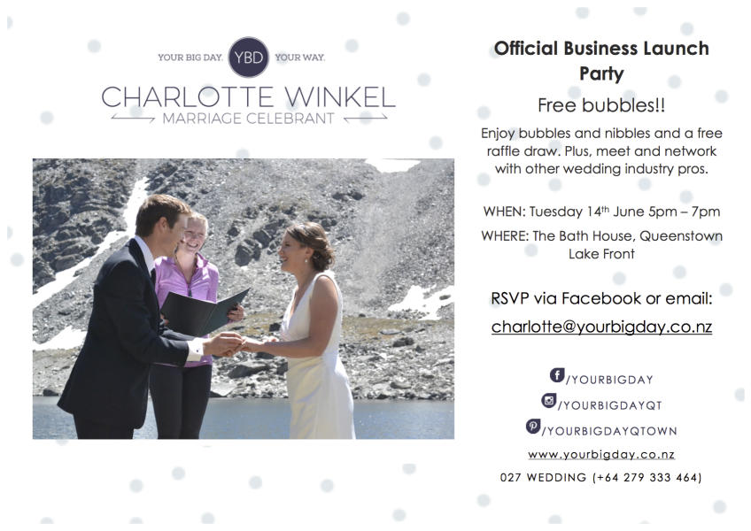 Queenstown Marriage Celebrant Your Big Day Business Launch Invite