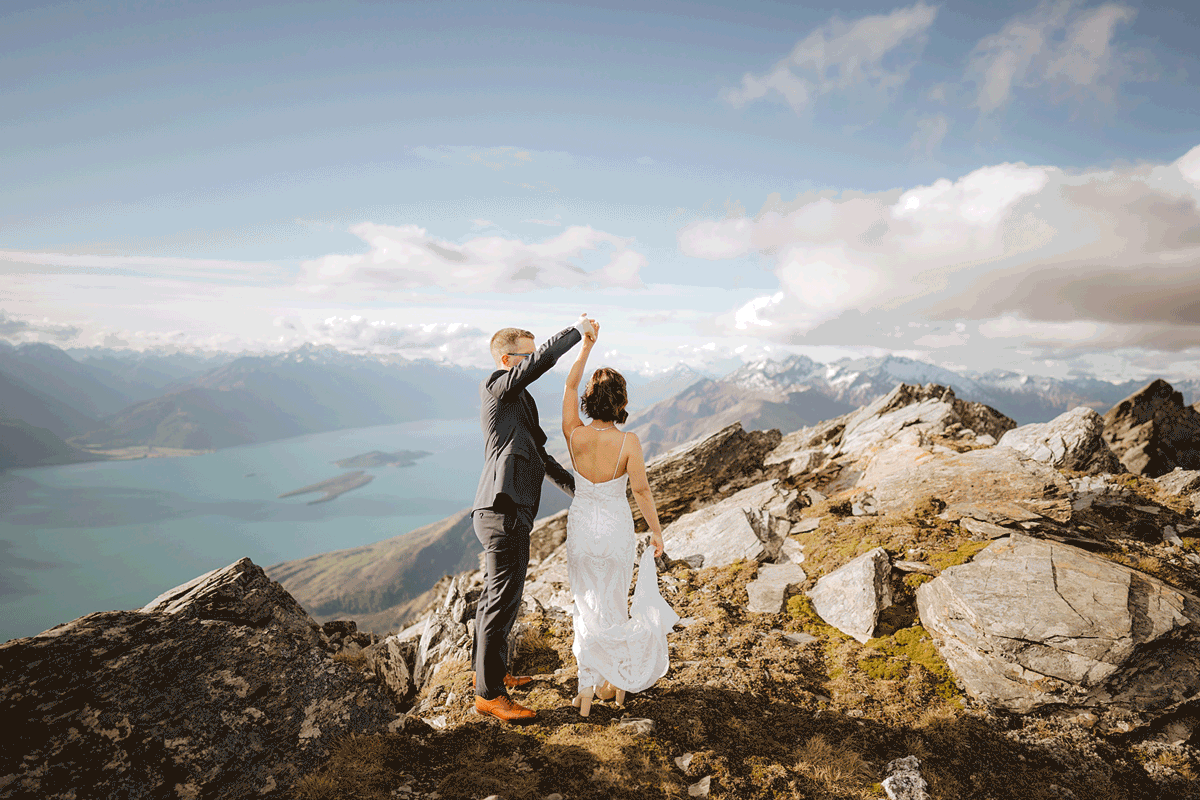 GIF video of bride and groom dancing on a mountain top in Queenstown New Zealand