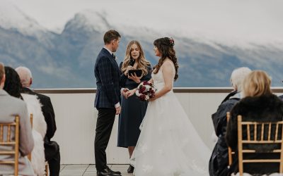 Winter wedding at Queenstown hotel rooftop with lake and mountain views